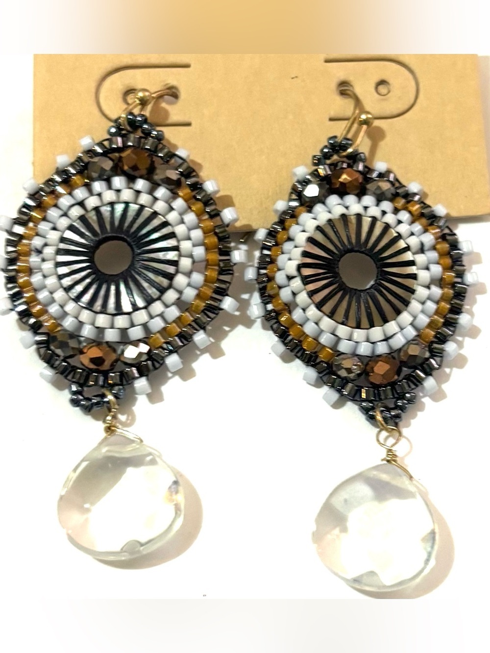 White and Gold Beaded Drop Earrings with Clear Teardrop Accent